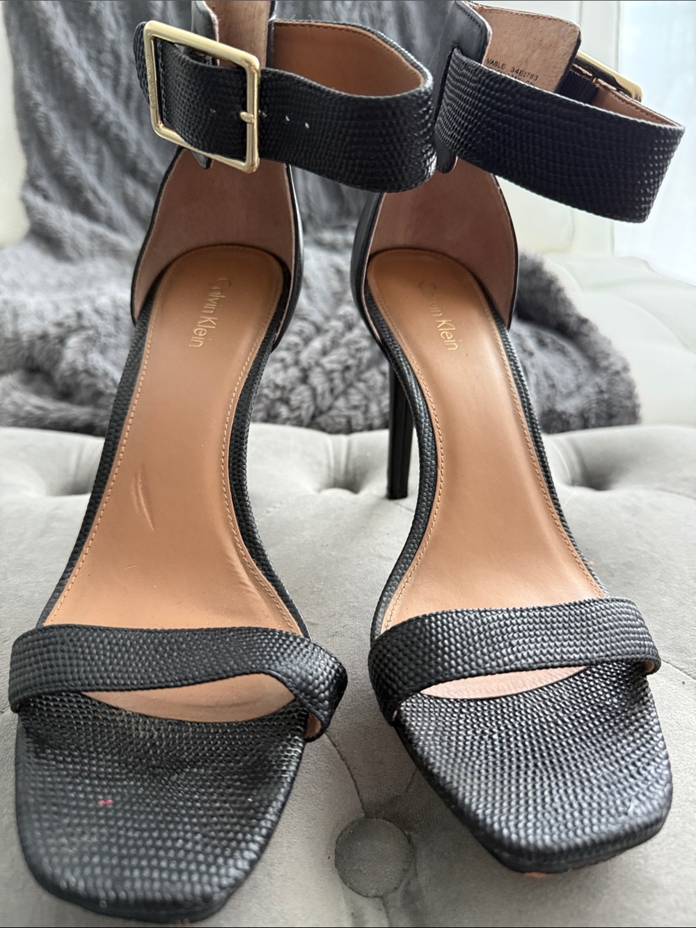 Calvin Klein Black Textured Leather Ankle-Strap Stiletto Sandals